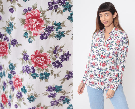 90s Ilio Floral Button-Up Blouse White Rose Print Rayon Medium M