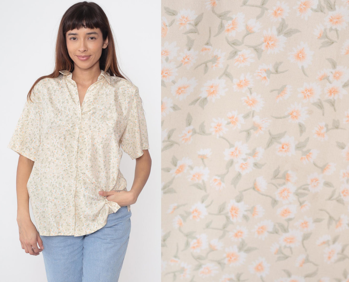90s Daisy Floral Button-Up Shirt Beige Short Sleeve Pointed Collar Large L