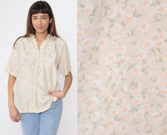 90s Daisy Floral Button-Up Shirt Beige Short Sleeve Pointed Collar Large L