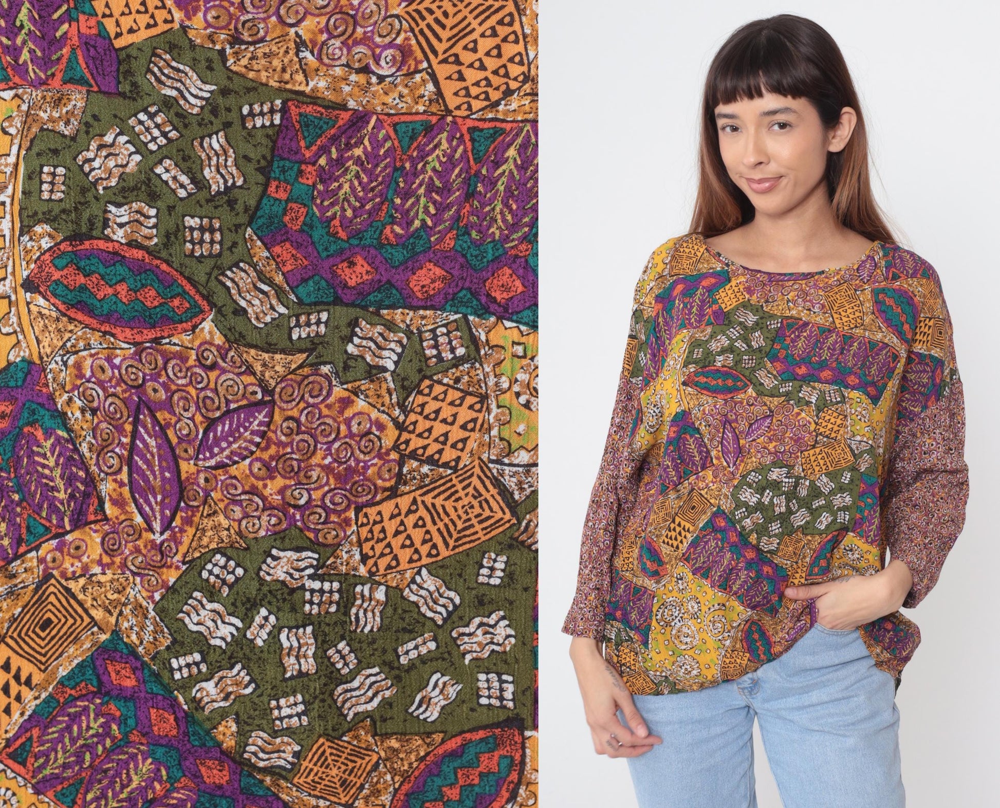Y2K Multicolor Abstract Patchwork Rayon Shirt Long Sleeve Large L
