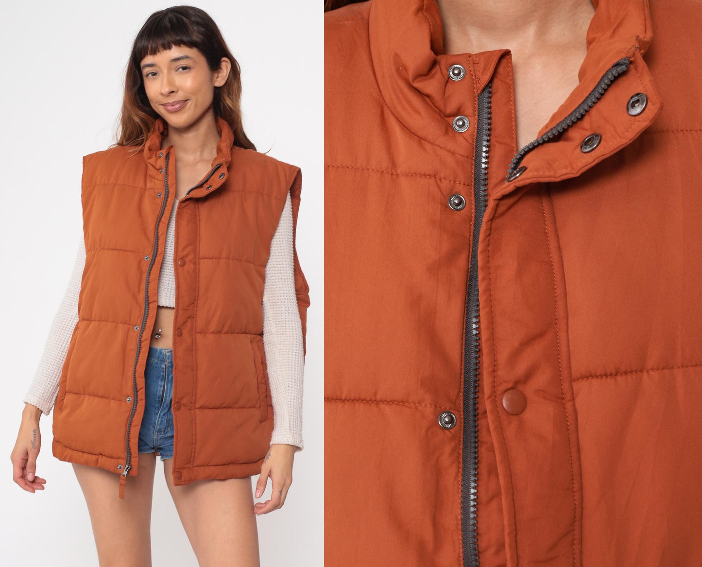 Y2K St Johns Bay Burnt Orange Puffer Vest Quilted Zip Snap Collar Extra Large XL