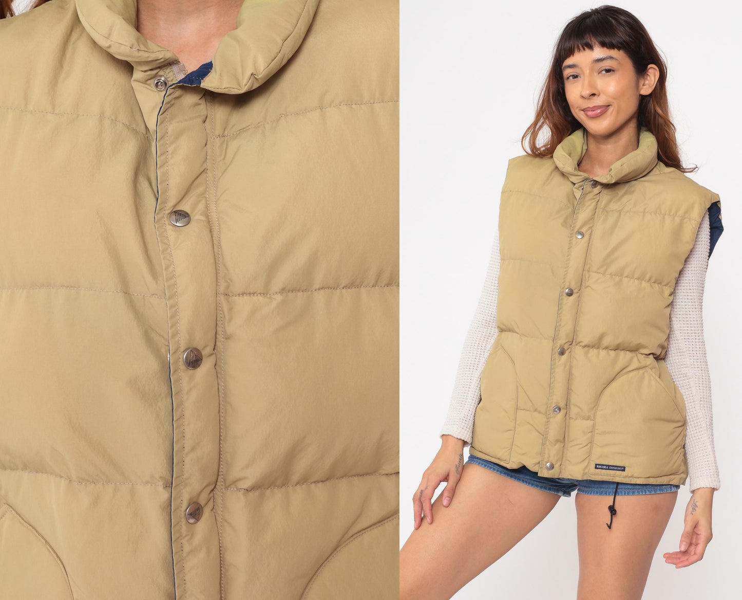 90s Sierra Designs Goose Down Vest Khaki Tan Navy Lining Large L