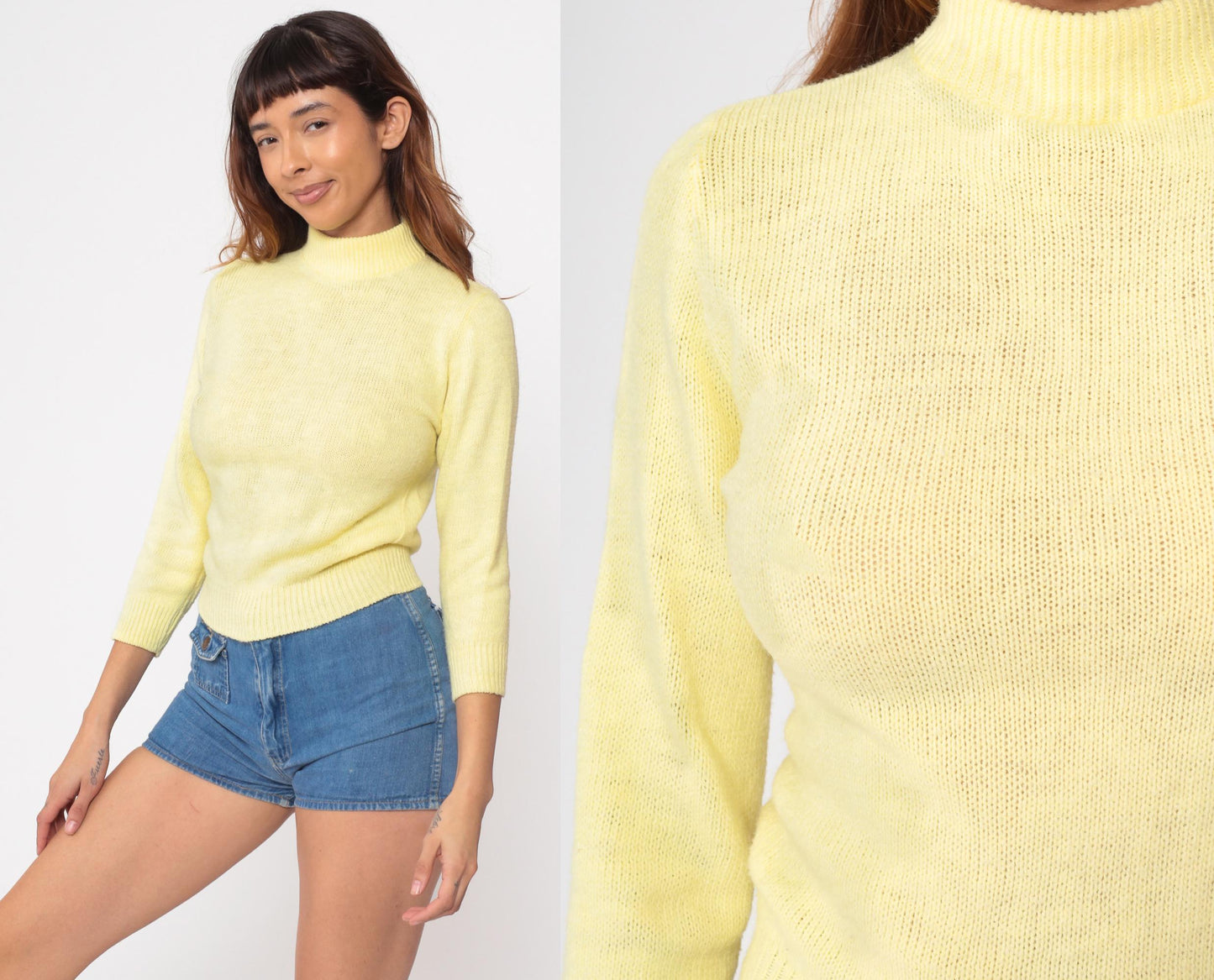 70s Yellow Knit Sweater Mock Neck Raglan Pullover Extra Small XS