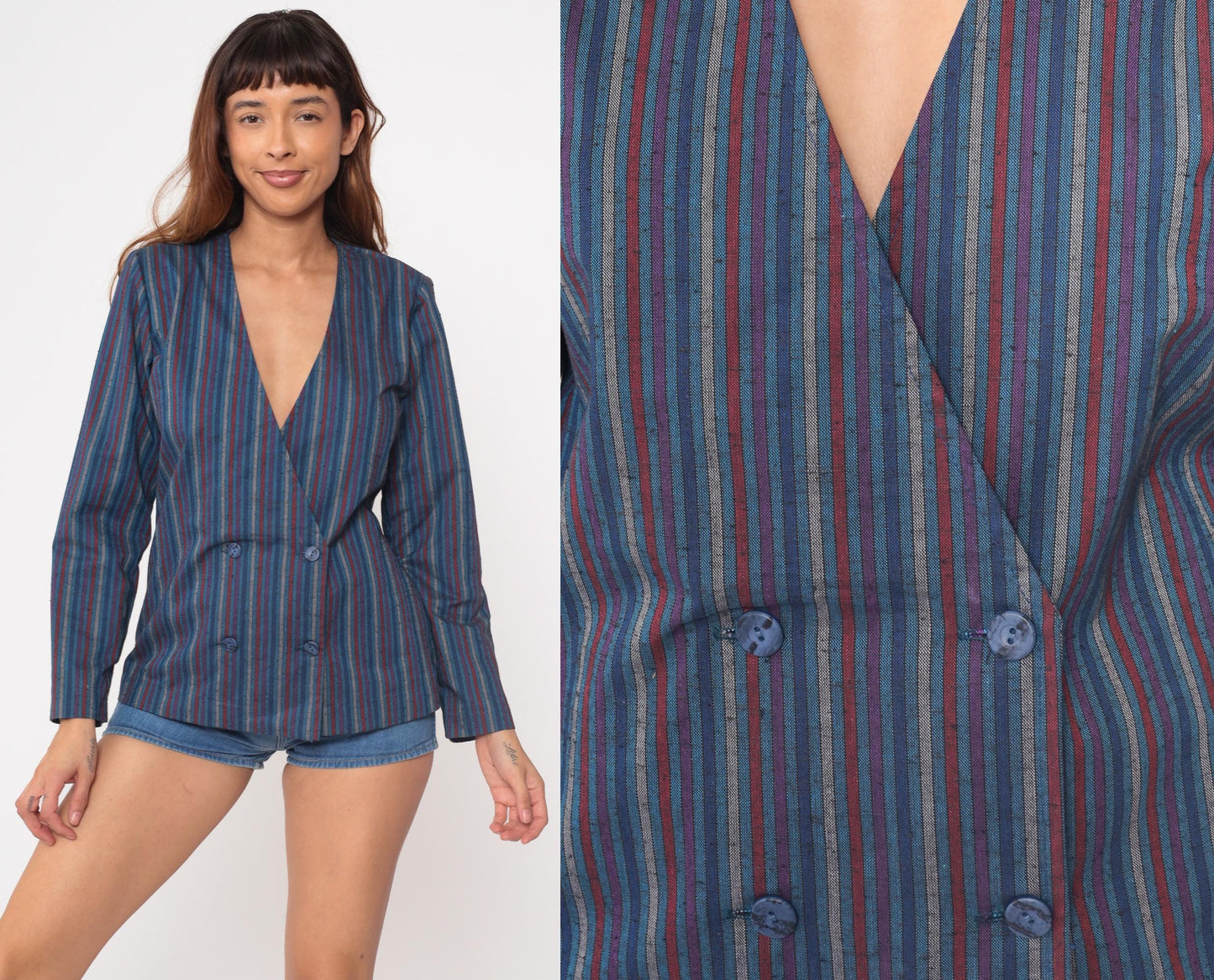 80s You Babes Striped Double-Breasted Blazer Blue Purple Red Medium M