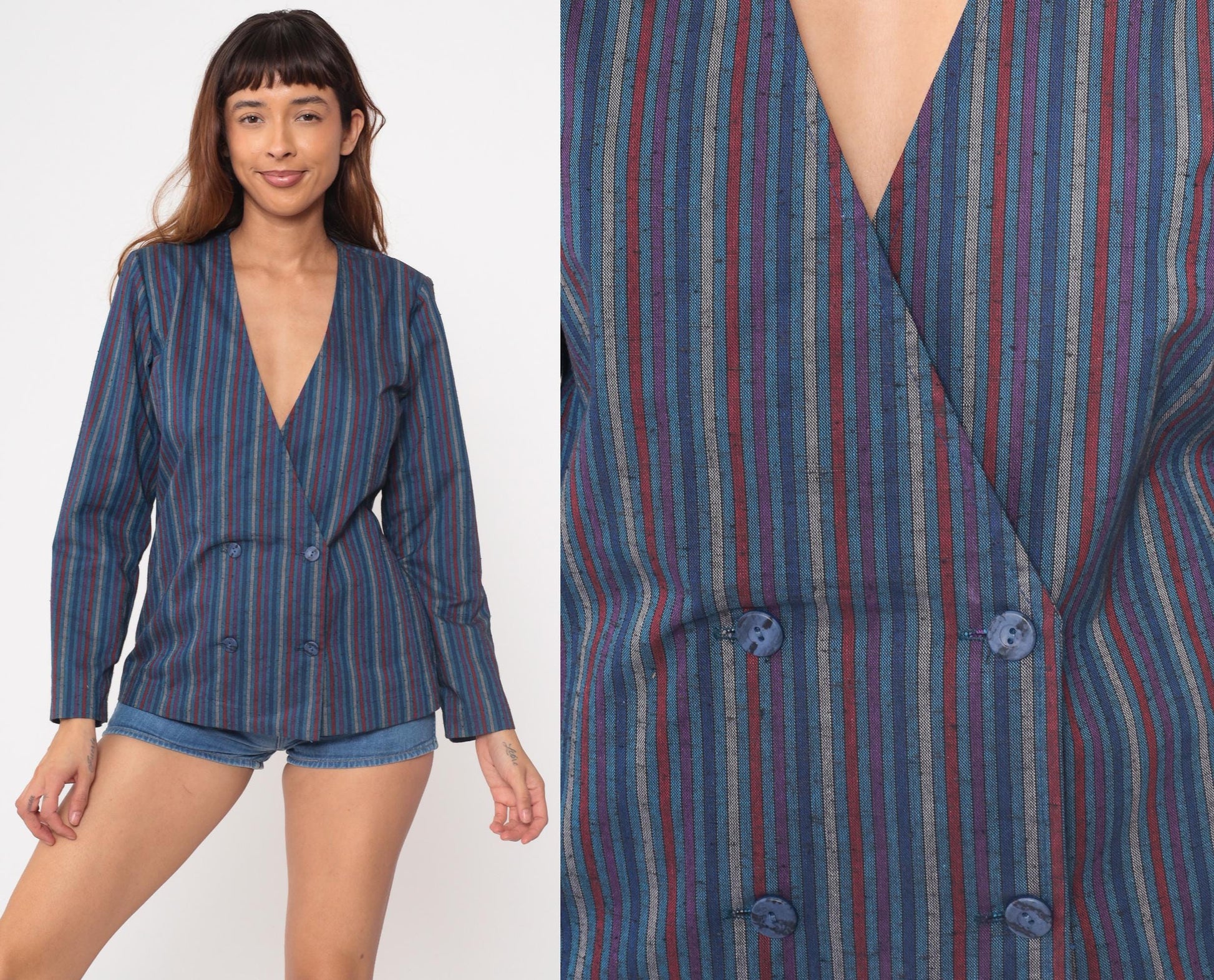 80s You Babes Striped Double-Breasted Blazer Blue Purple Red Medium M