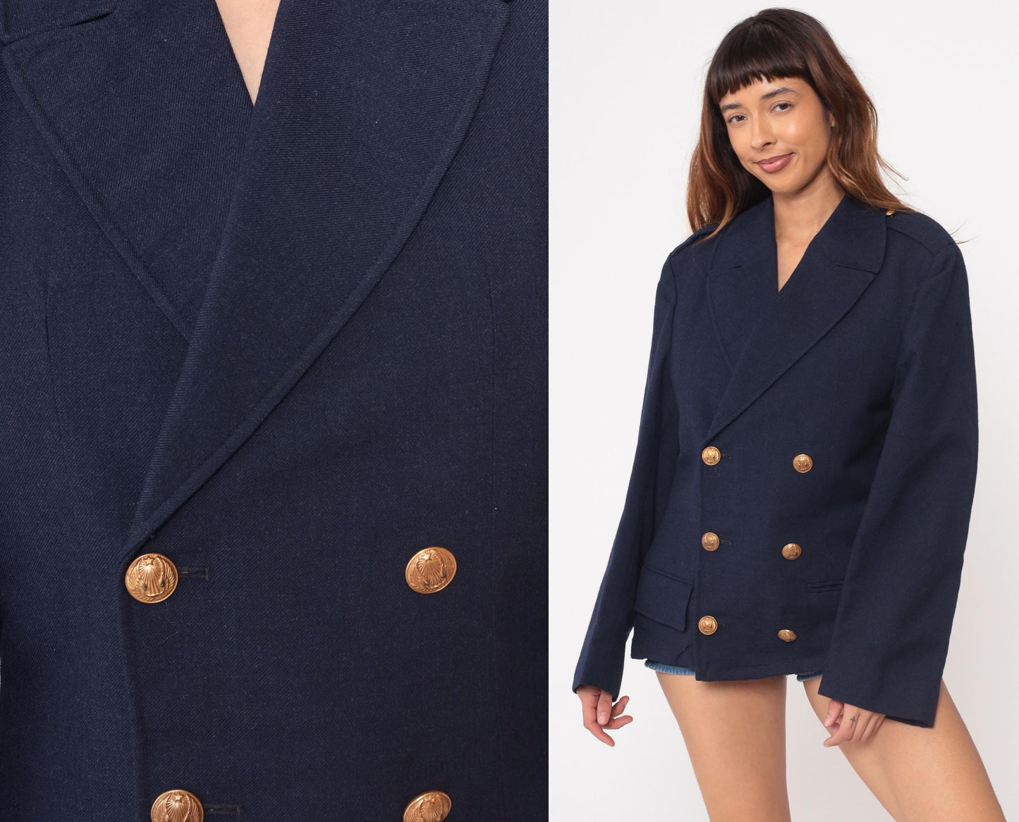 70s Navy Wool Blazer Anchor Gold Buttons Double-Breasted Medium