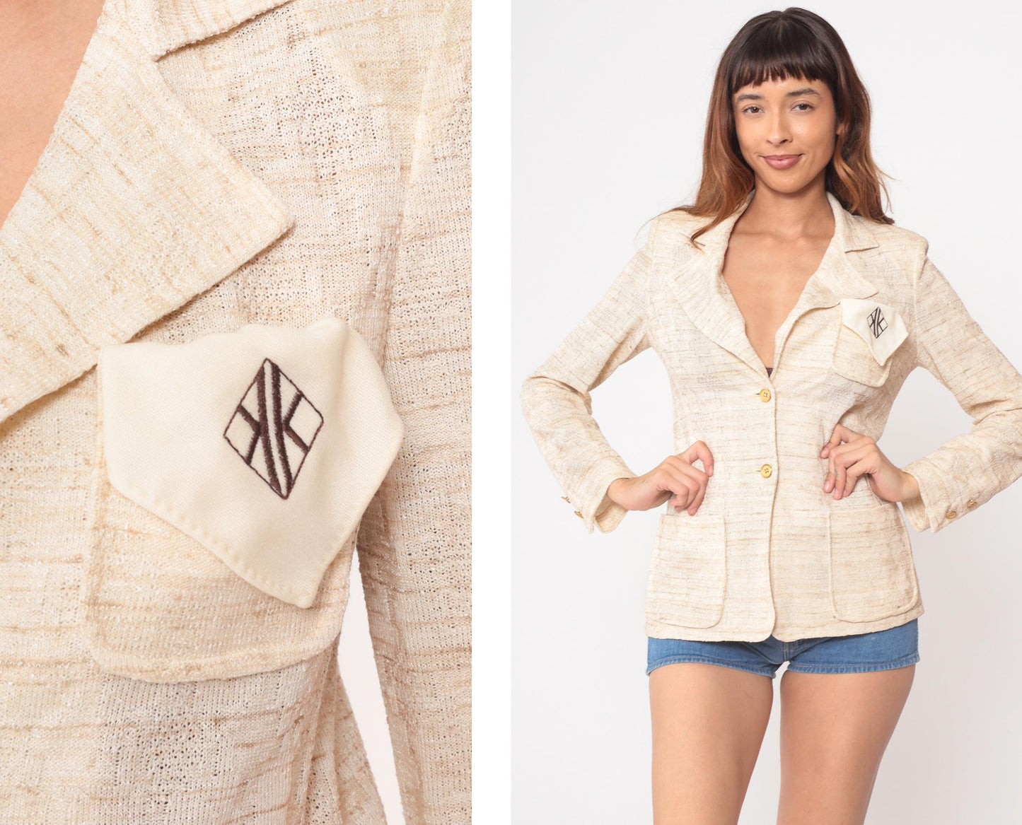 70s Kimberly Cream Blazer Textured Linen Blend Structured Button Front Small S
