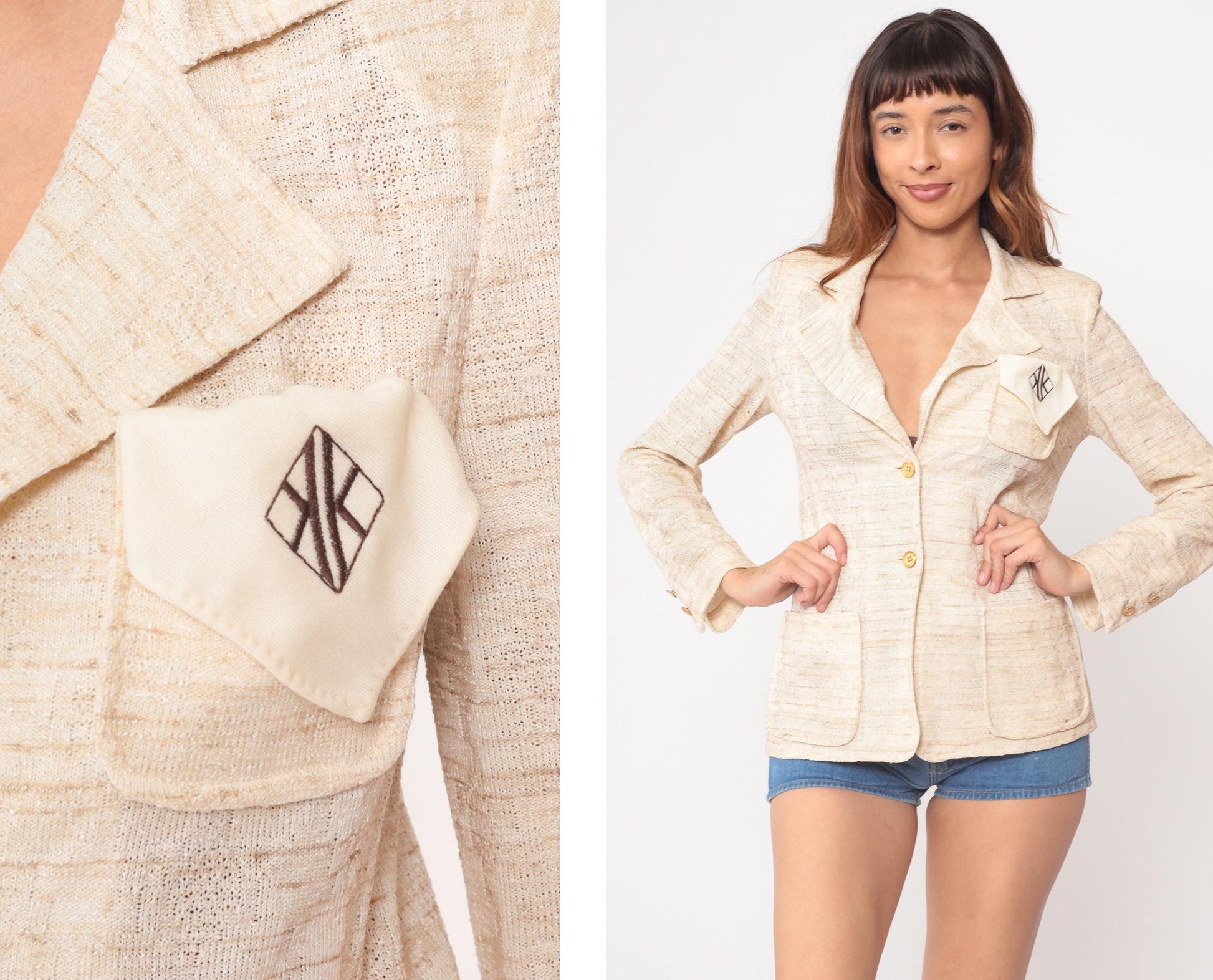 70s Kimberly Cream Blazer Textured Linen Blend Structured Button Front Small S