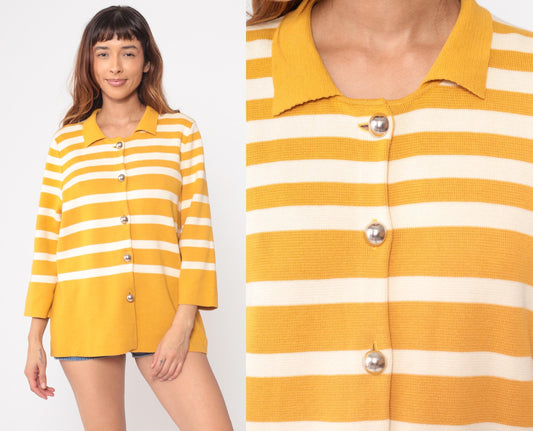 Y2K Liz Claiborne Mustard Striped Cardigan Pointed Collar Large L