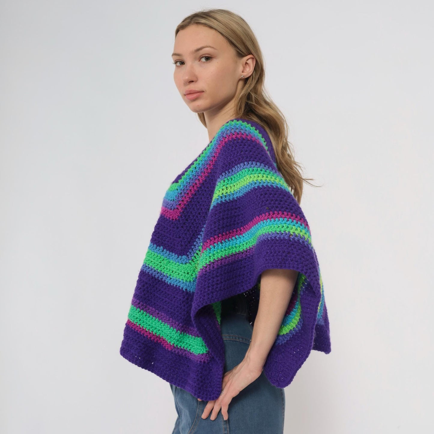 90s Purple Crochet Poncho Rainbow Stripe Square Neck One Size