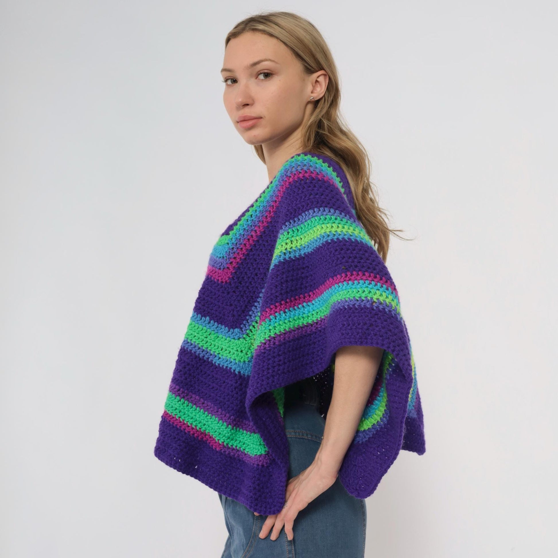 90s Purple Crochet Poncho Rainbow Stripe Square Neck One Size