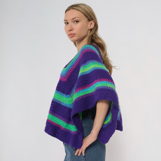 90s Purple Crochet Poncho Rainbow Stripe Square Neck One Size