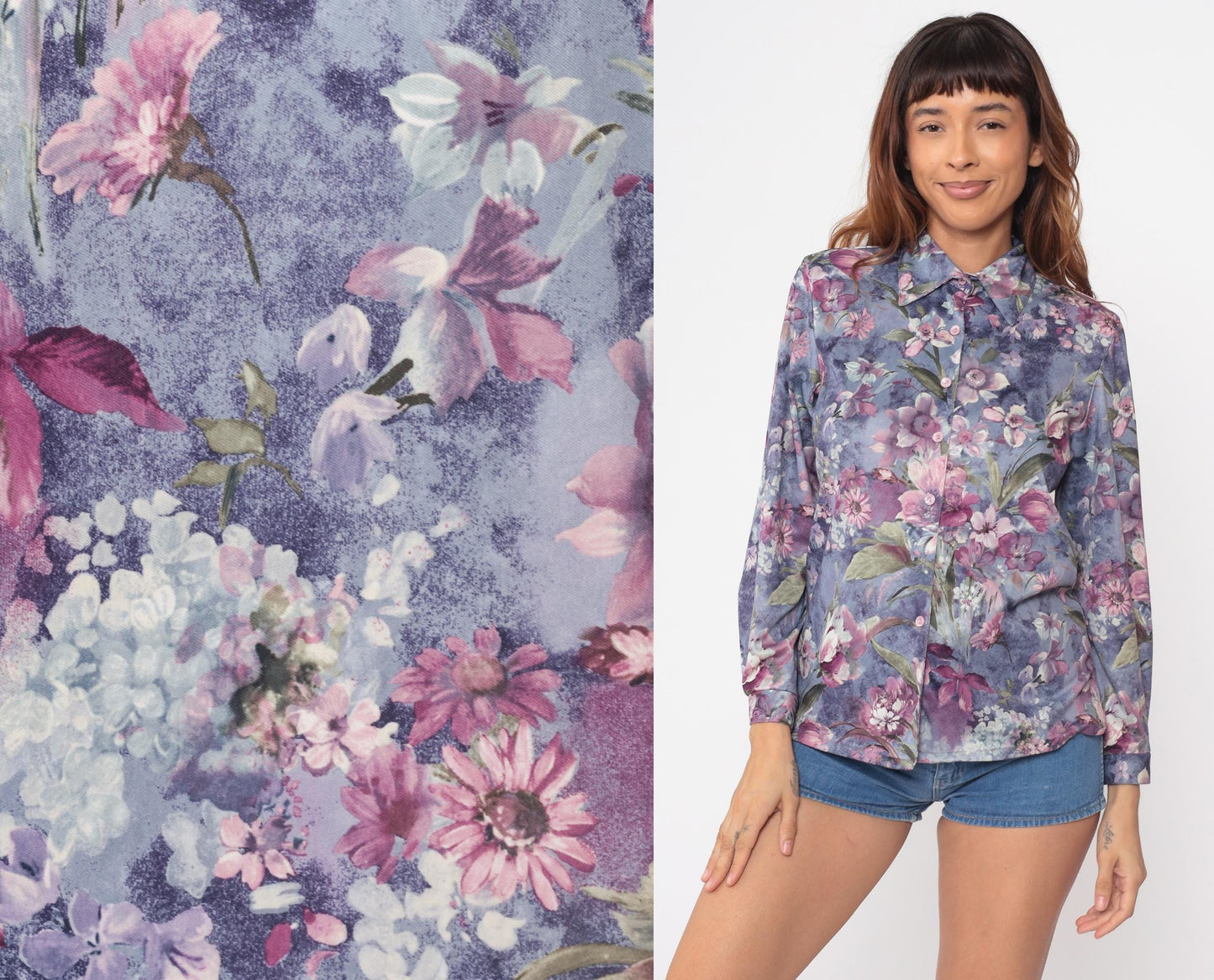 70s Lori Watercolor Floral Button Blouse Purple Pink Long Sleeve Small