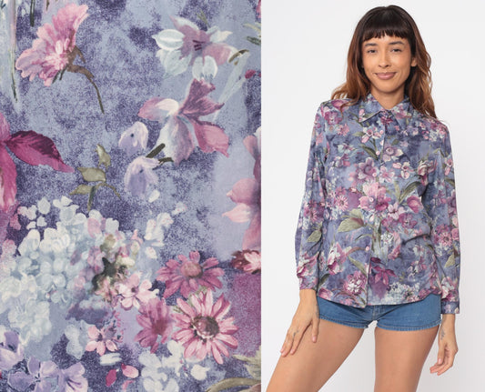 70s Lori Watercolor Floral Button Blouse Purple Pink Long Sleeve Small