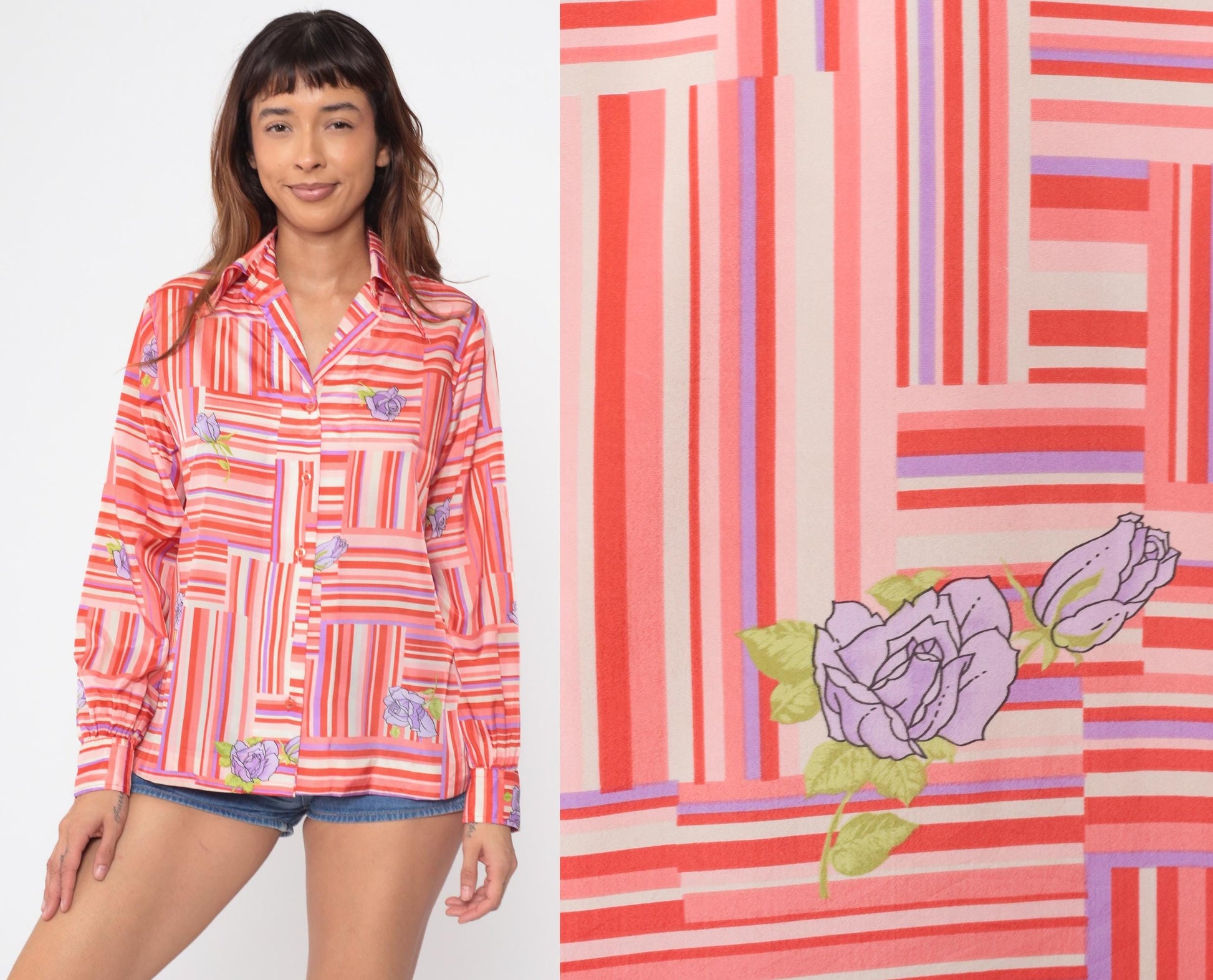 70s Coral Striped Floral Blouse Geometric Patchwork Purple Rose Button Down Large