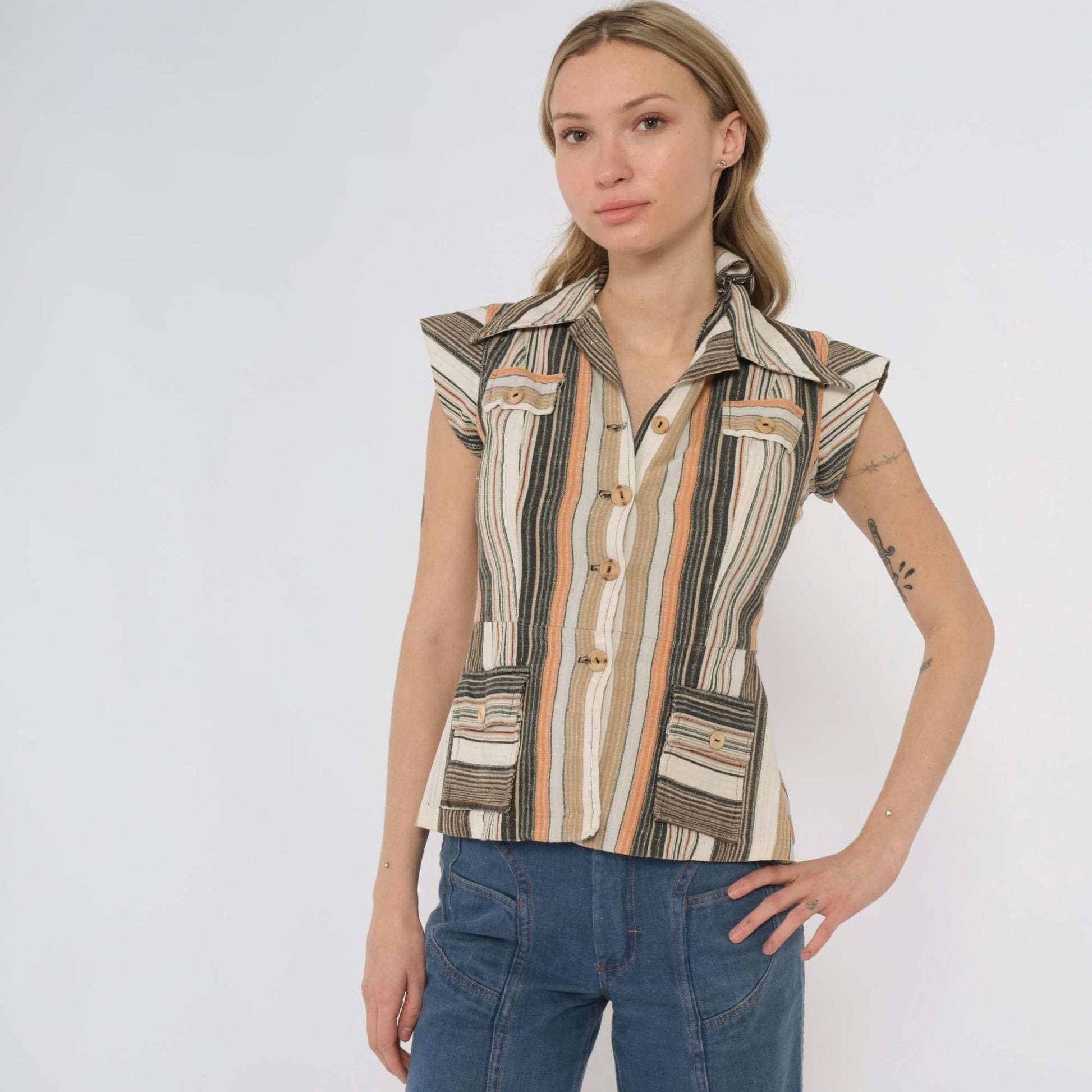 70s Earth Tone Striped Button-Front Blouse Cap Sleeve Pointed Collar XS