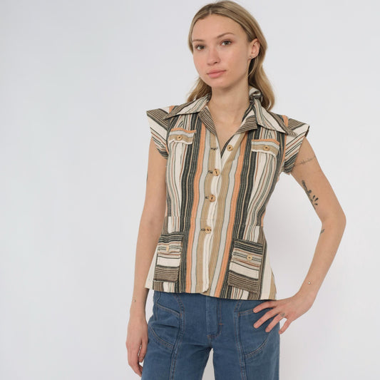 70s Earth Tone Striped Button-Front Blouse Cap Sleeve Pointed Collar XS