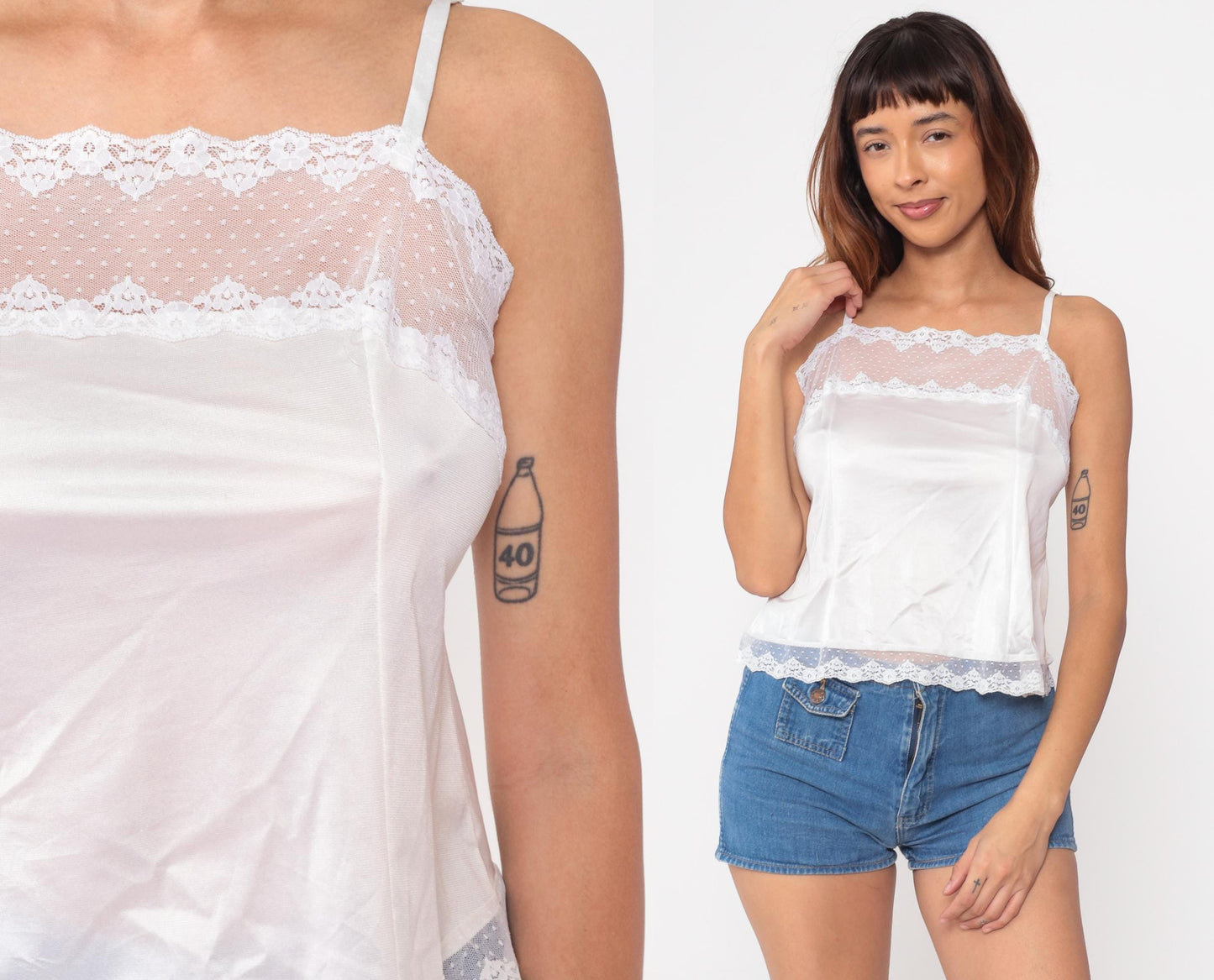 80s White Nylon Camisole Sheer Mesh Floral Lace Trim Tank Small