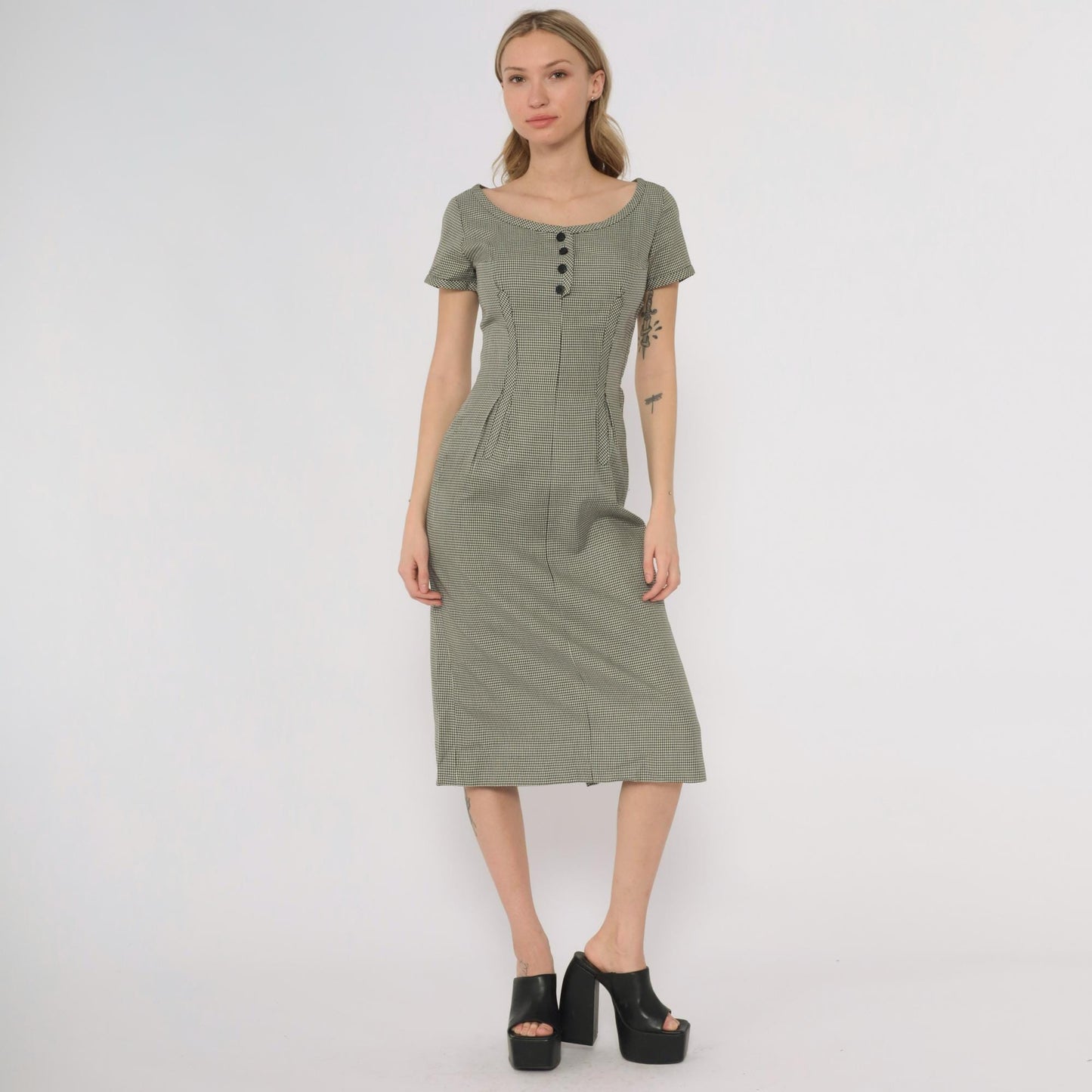 1950s Houndstooth Check Button Front Midi Dress Black White Scoop Neck Extra Small XS