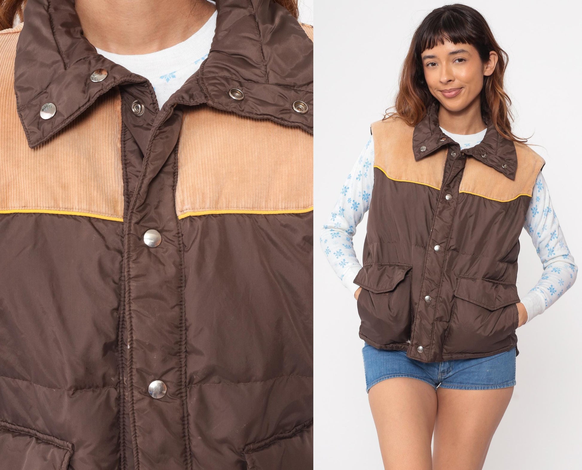 70s Down Hill Western Puffer Vest Brown Corduroy Nylon Snap Front Medium