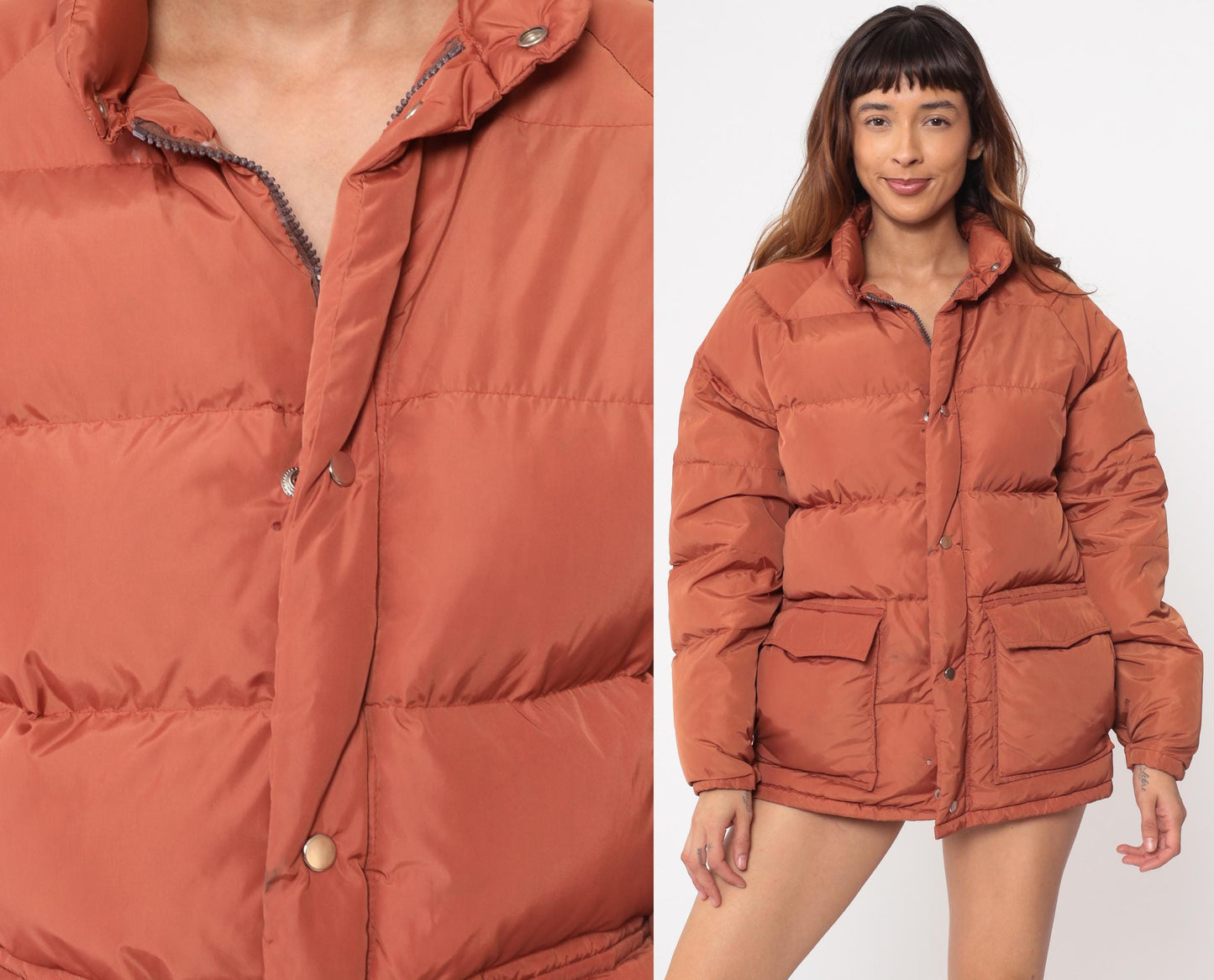 70s Put On Shop Sears Down Puffer Jacket Rust Orange Quilted Small