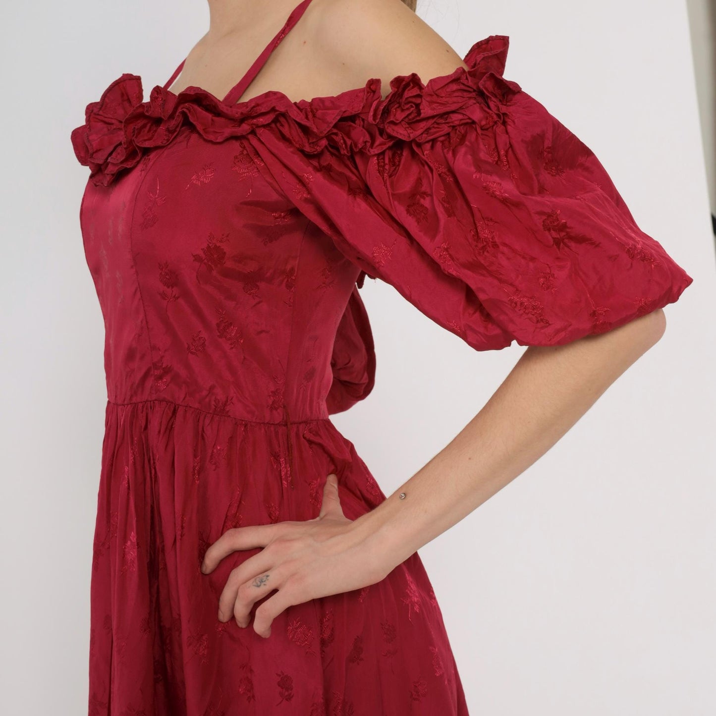 80s Burgundy Off-Shoulder Midi Dress Puff Sleeve Tiered Ruffle Small