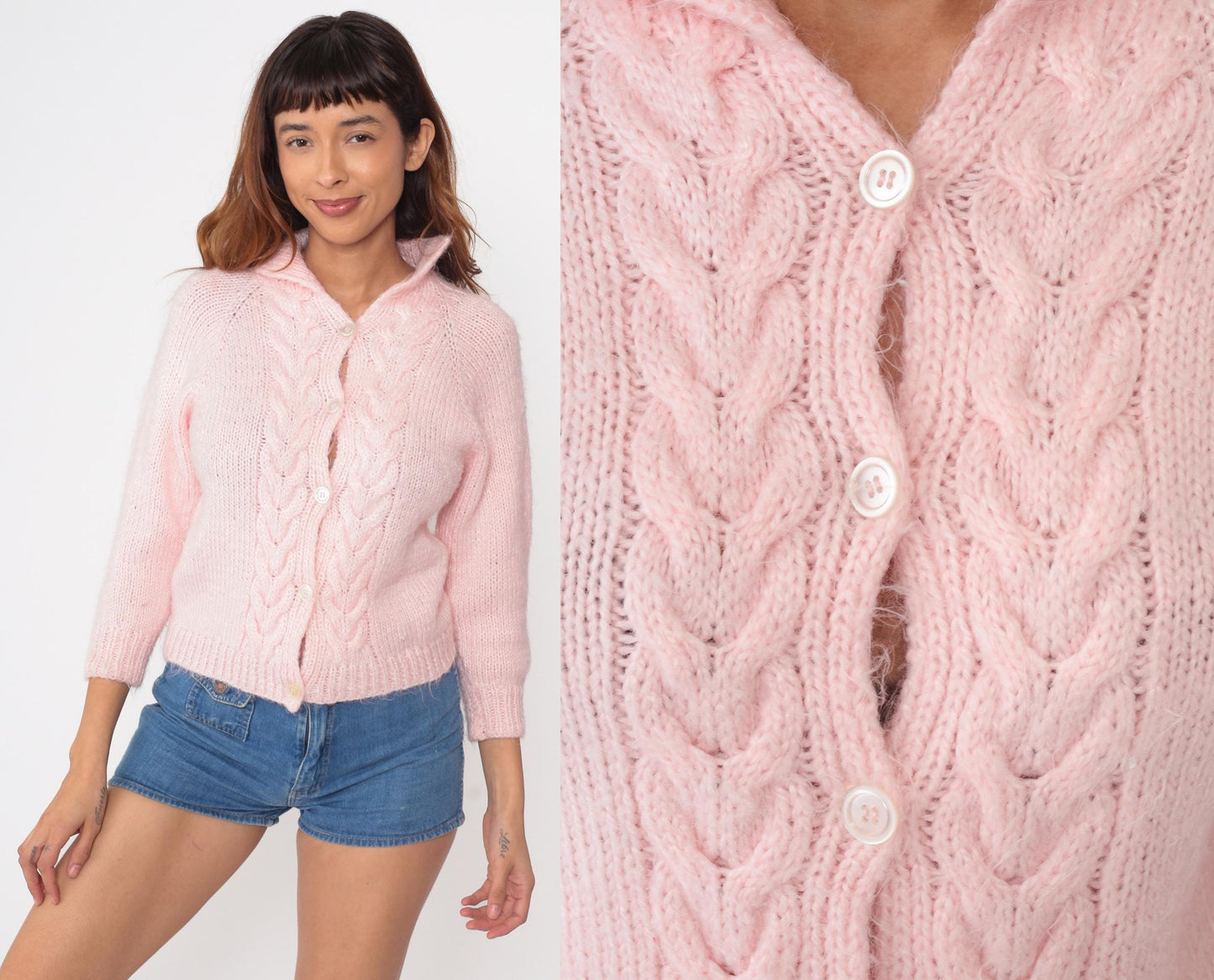 80s Pink Cable Knit Cardigan Cropped Three-Quarter Sleeve Small