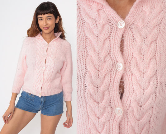 80s Pink Cable Knit Cardigan Cropped Three-Quarter Sleeve Small