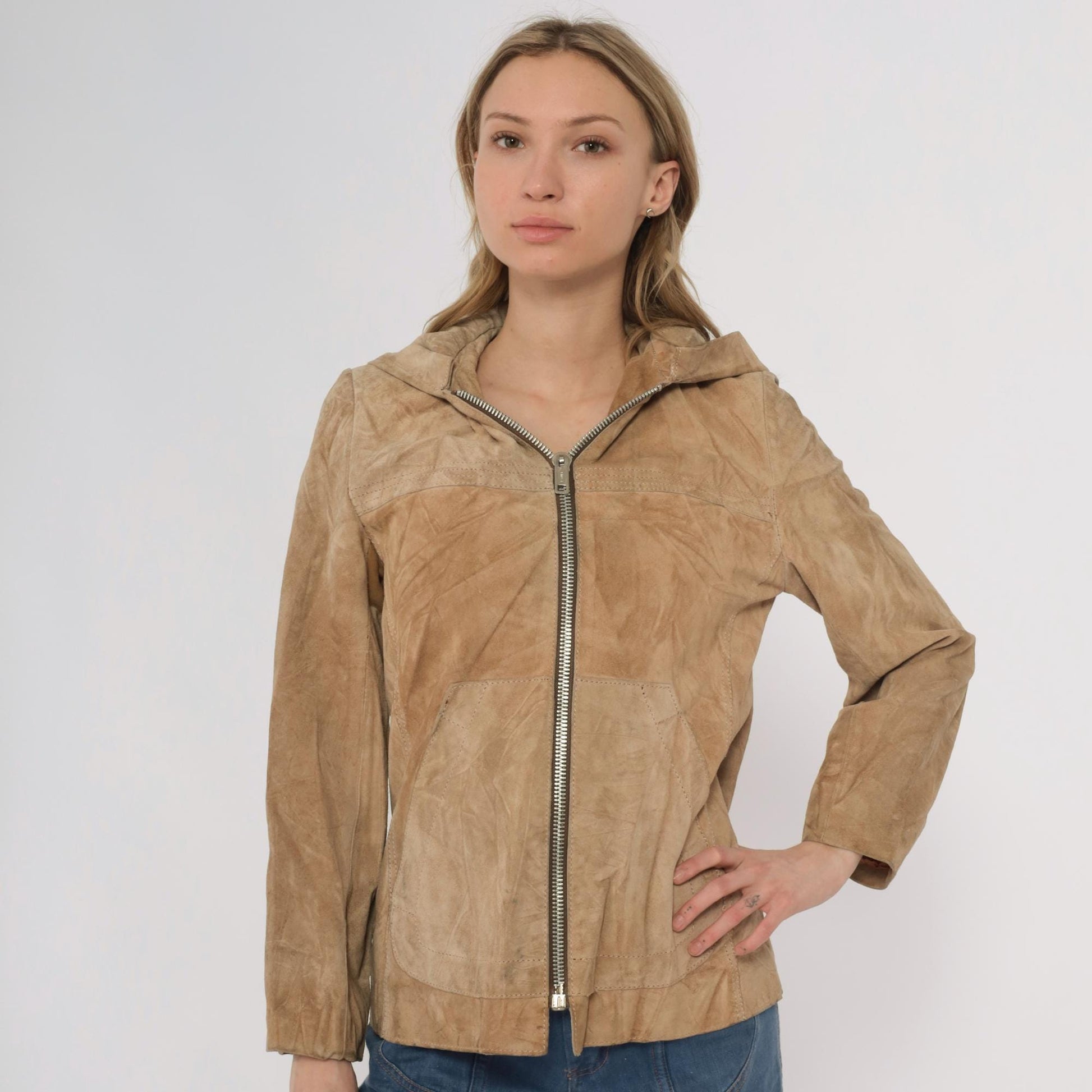 70s Tan Suede Hooded Jacket Zip Front Leather Small S