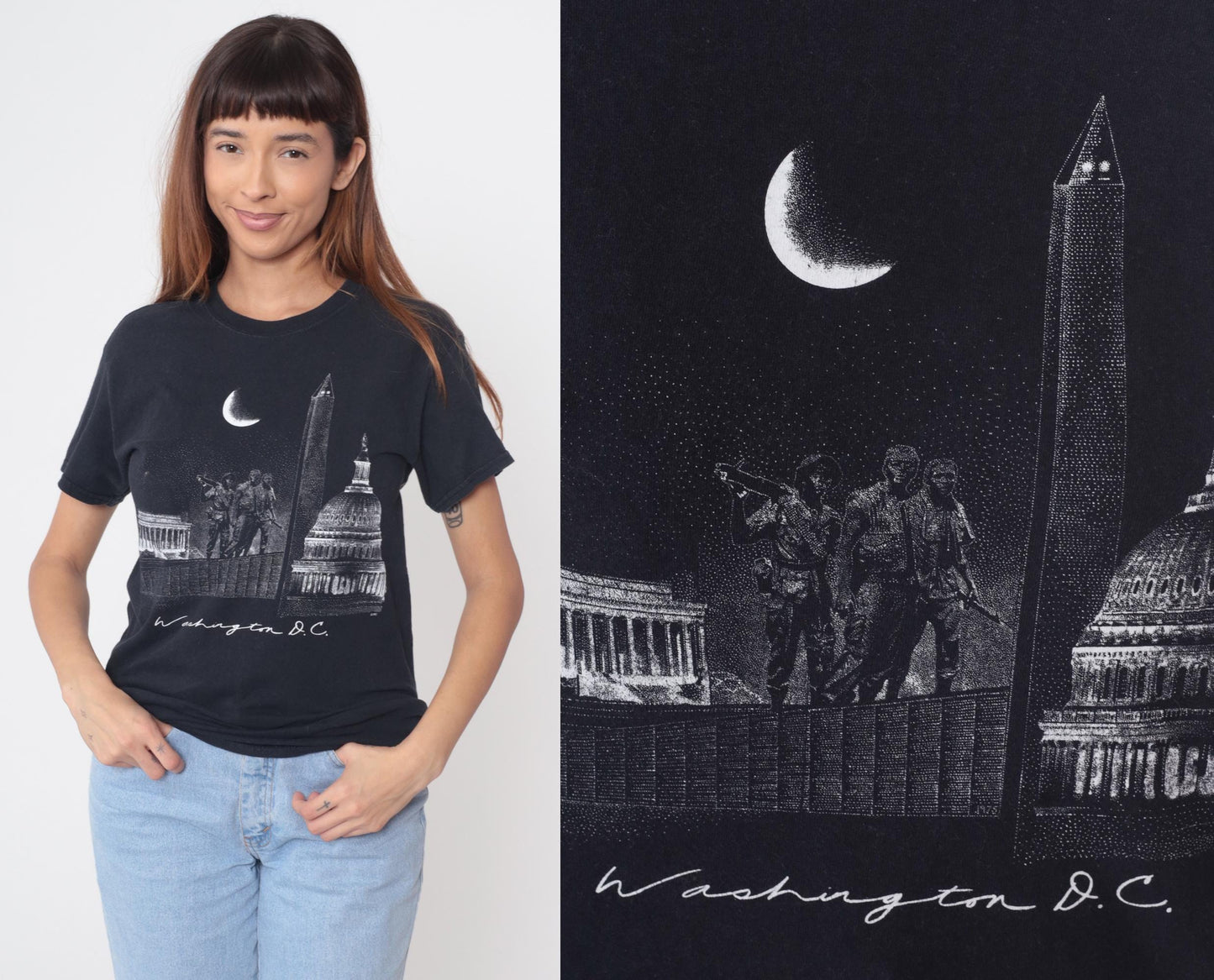Y2K Washington DC Skyline Graphic Tee Black Cotton Monument Small