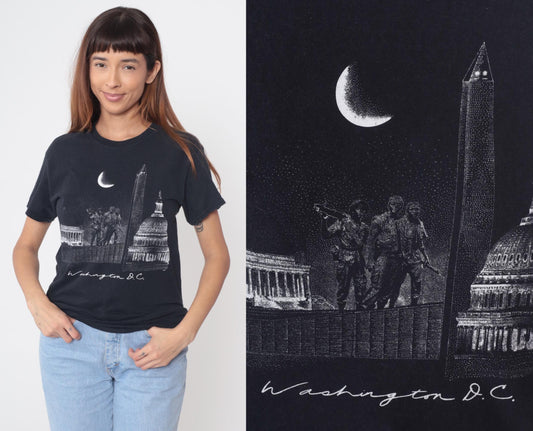 Y2K Washington DC Skyline Graphic Tee Black Cotton Monument Small
