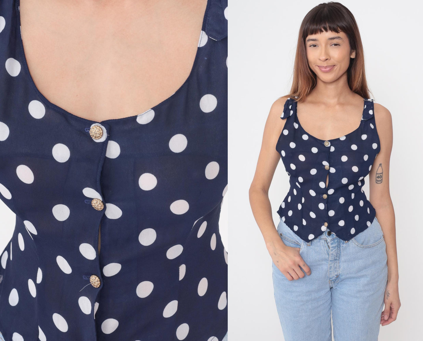 90s Navy Polka Dot Vest Top White Dots Button Front Cropped XS