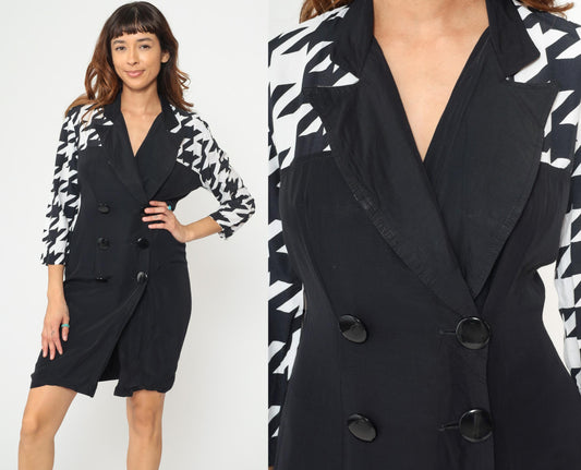 90s Scarlett Black Houndstooth Blazer Dress Double Breasted Mini Small S