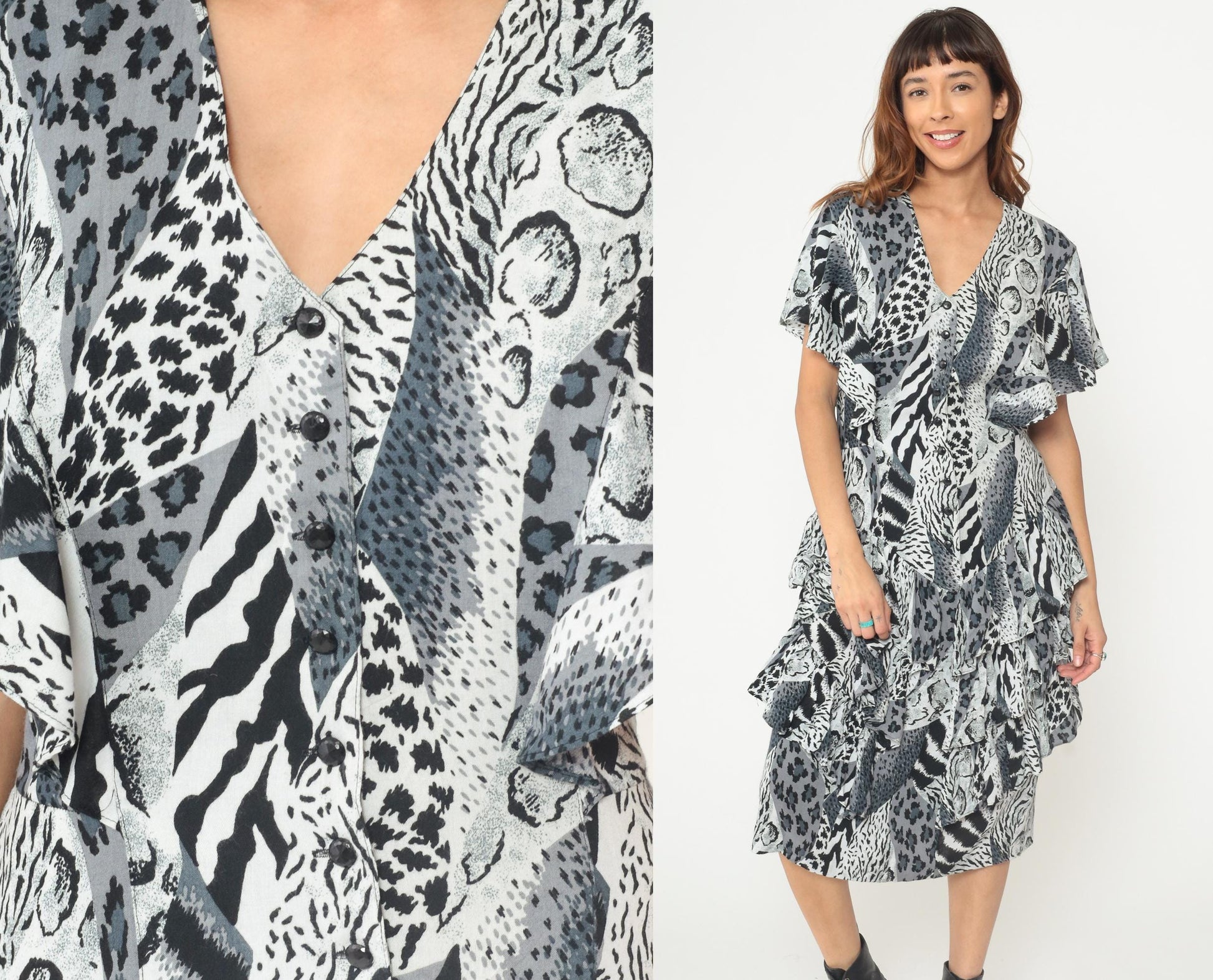 90s Animal Print Midi Dress Black White Leopard Zebra Button Front Flutter Sleeve Medium M