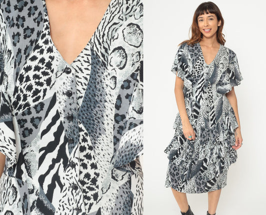 90s Animal Print Midi Dress Black White Leopard Zebra Button Front Flutter Sleeve Medium M