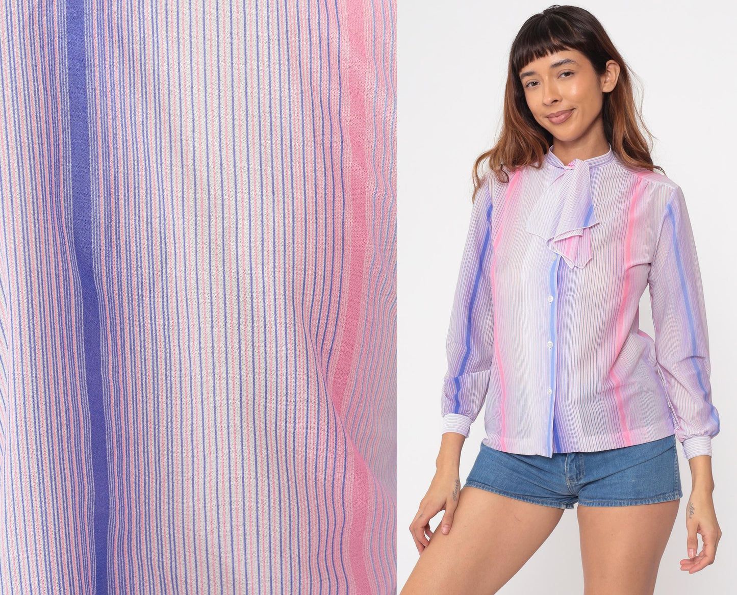 70s Alfred Dunner Striped Pussy Bow Blouse Pink Blue Button Up Small