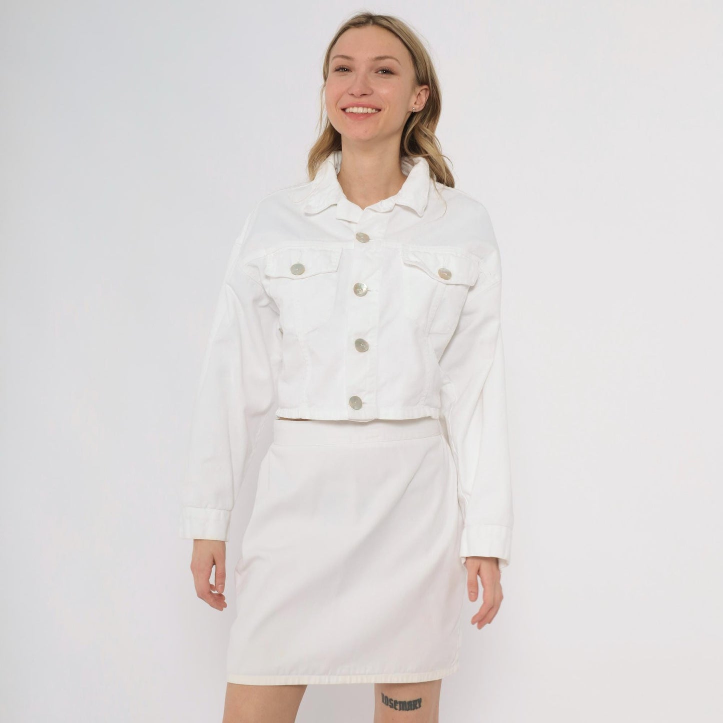 90s Bongo White Denim Crop Jacket Button Up Collar Medium M