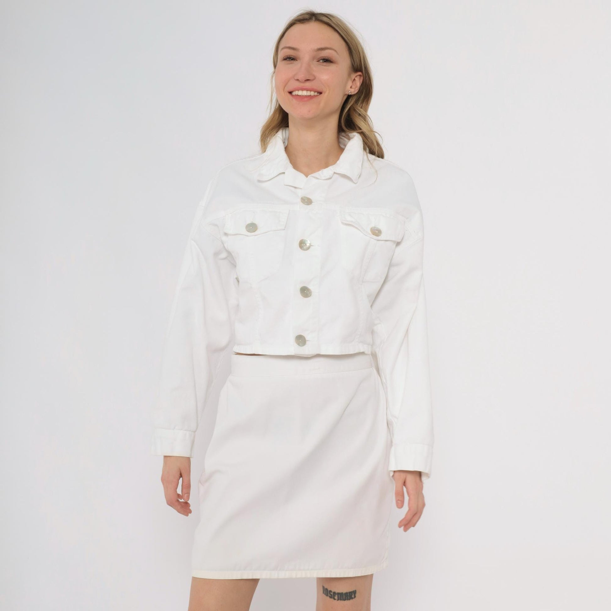 90s Bongo White Denim Crop Jacket Button Up Collar Medium M