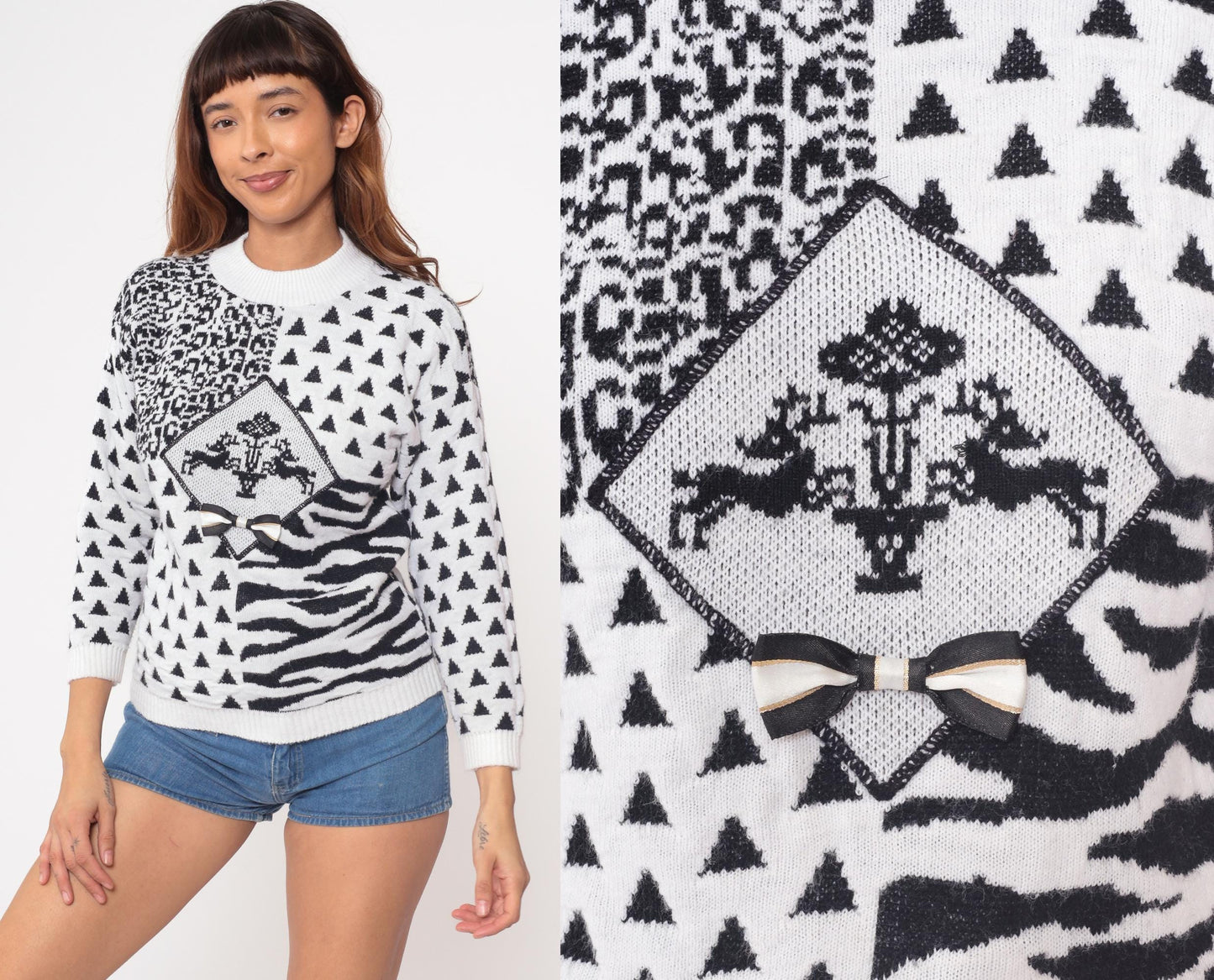 90s Animal Print Knit Sweater White Black Leopard Zebra Pullover Small S