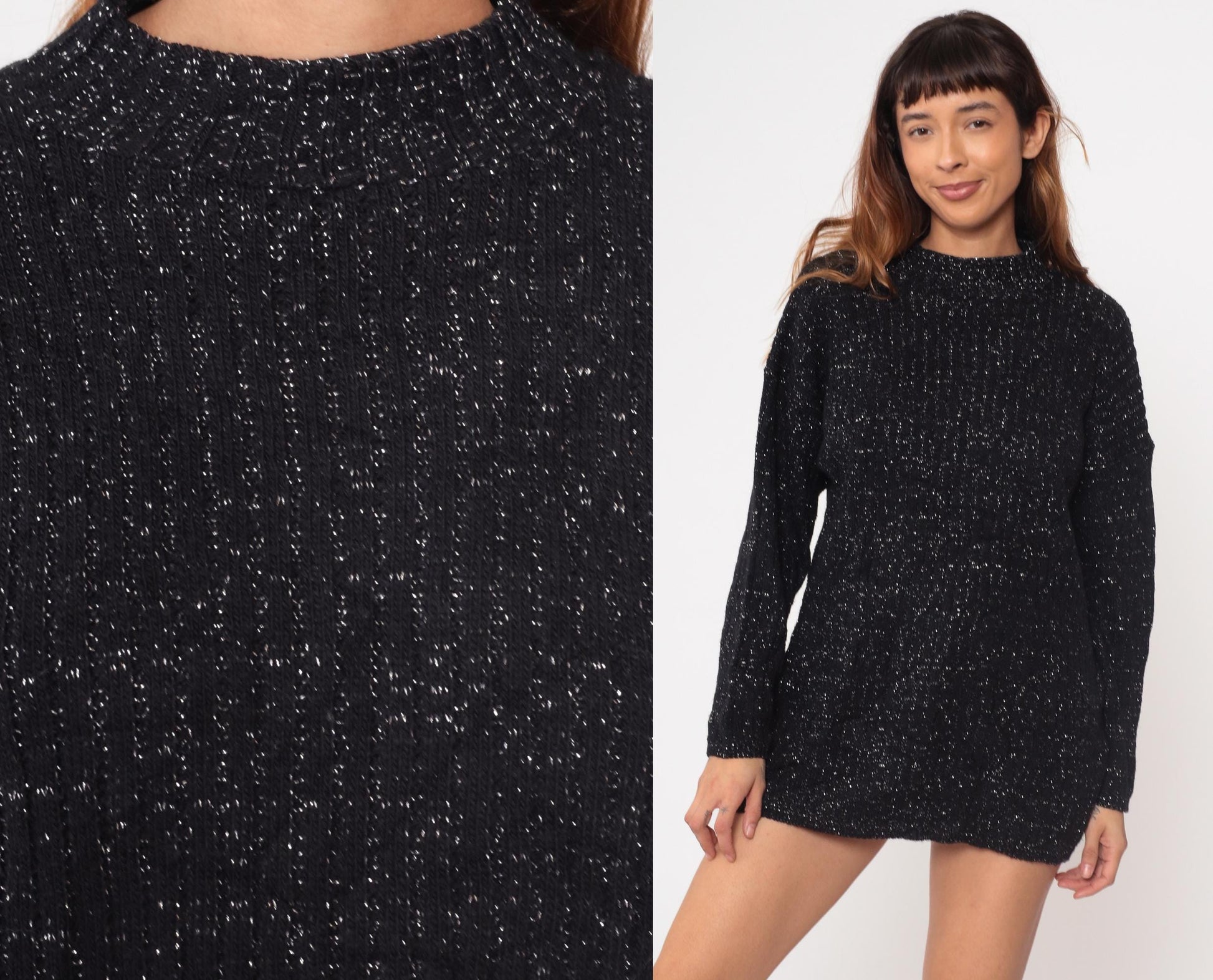80s American Pride Black Lurex Knit Sweater Metallic Silver Tunic Large L