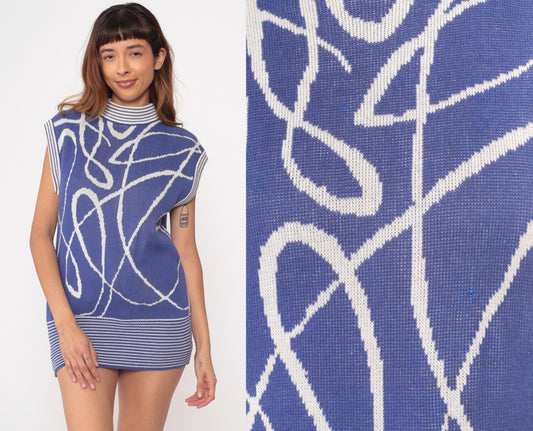 80s Richard & Co Periwinkle Geometric Knit Mock Neck Tunic Small