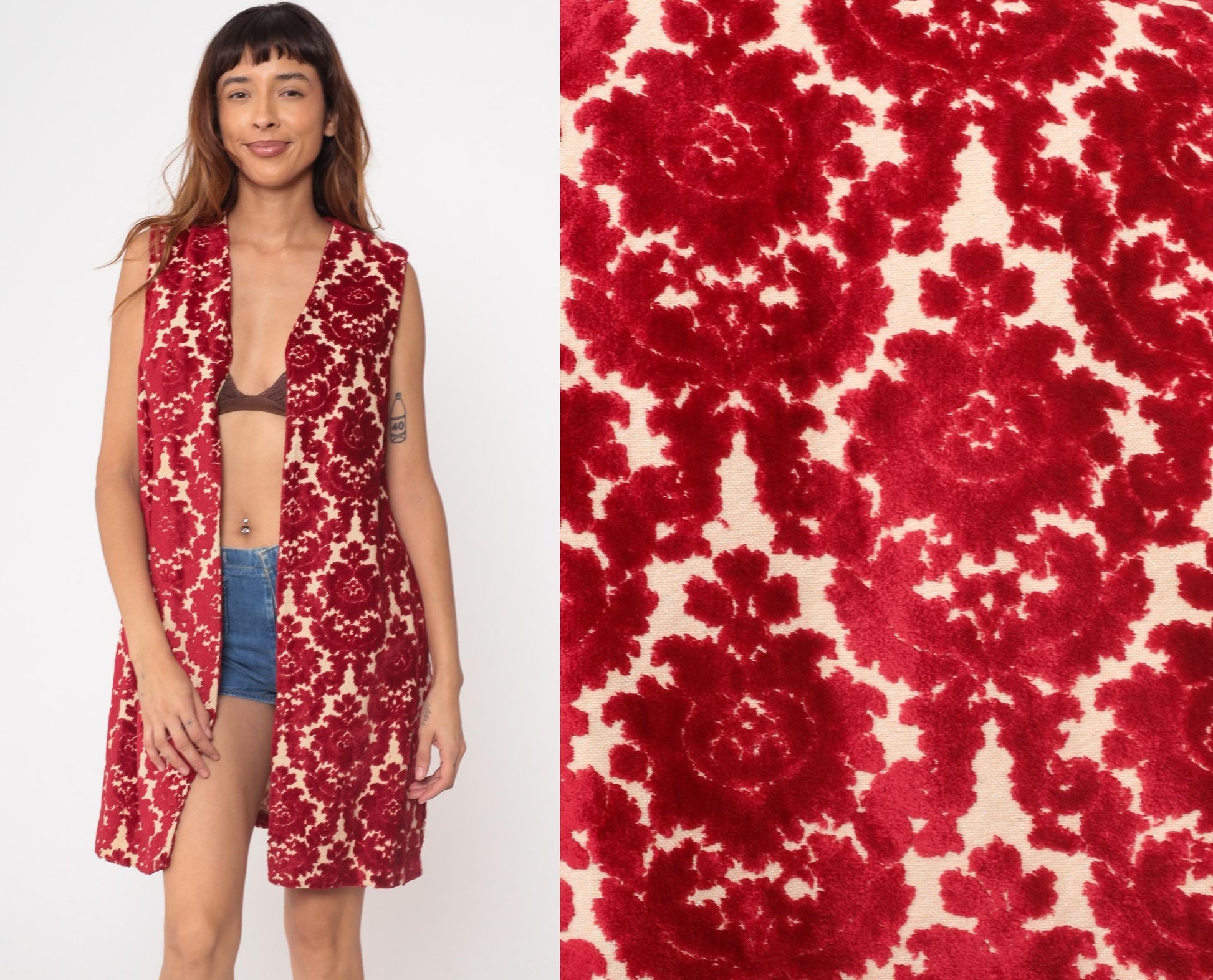 1970s VIP Red Velvet Floral Vest Sleeveless Long Open Front Small Medium