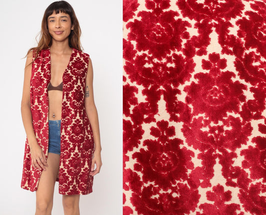 1970s VIP Red Velvet Floral Vest Sleeveless Long Open Front Small Medium