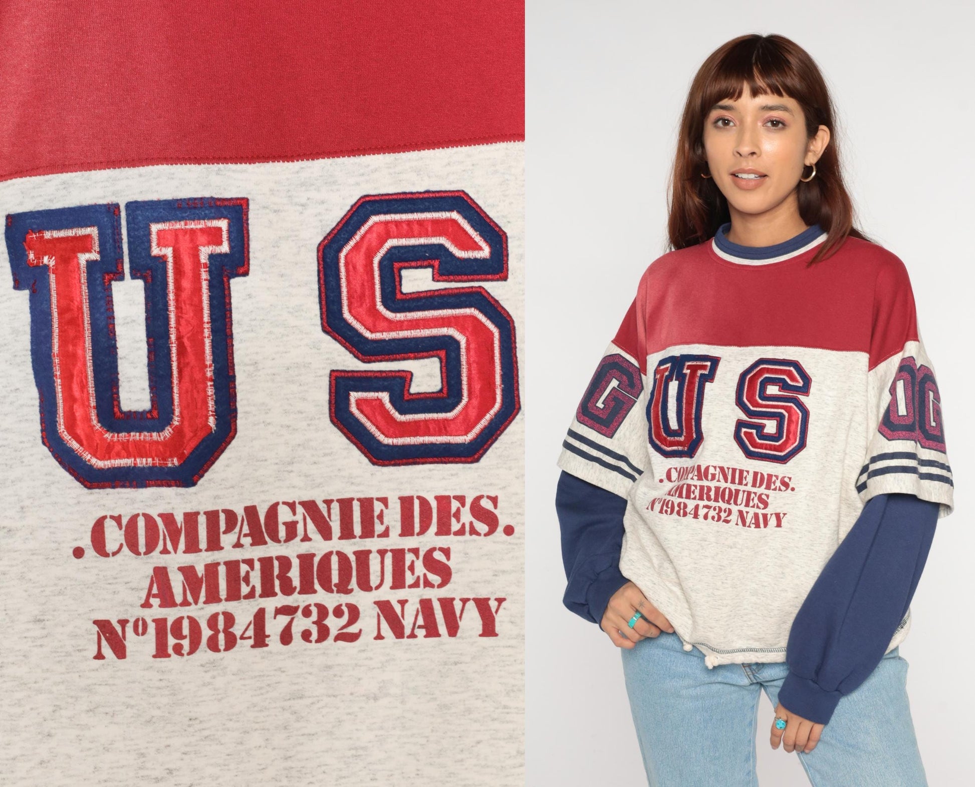 90s Compagnie Des Ameriques Color Block Sweatshirt Red White Navy Large L