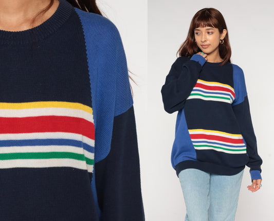 80s Navy Rainbow Stripe Knit Sweater Star Embroidered Colorblock Large