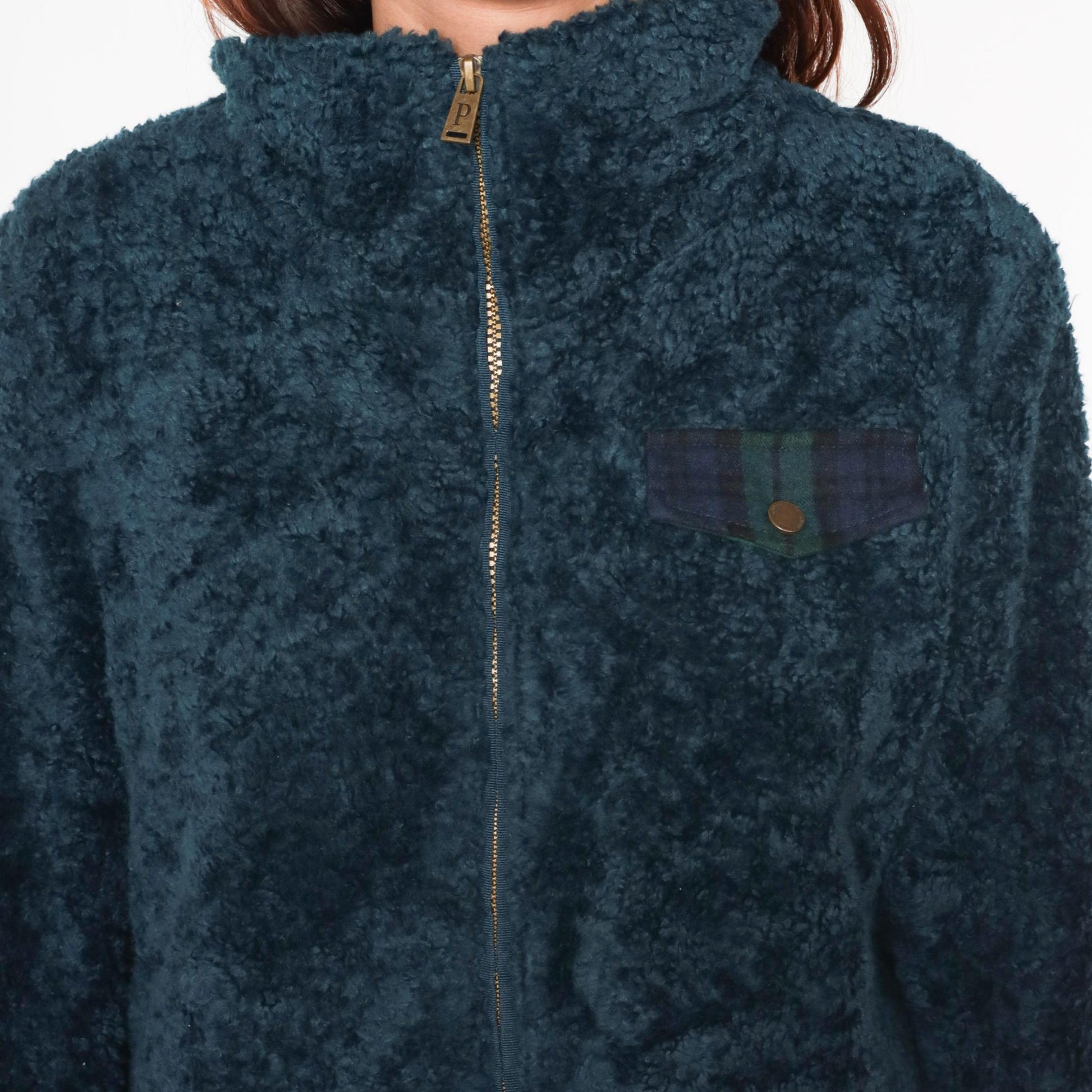 Pendleton Y2K Teal Fleece Jacket Plaid Collar Zip Large L