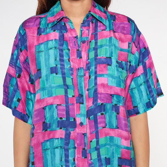 90s Silk Button Up Shirt Abstract Brushstroke Print Turquoise Pink Purple Small