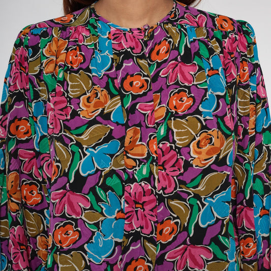90s Silk Floral Blouse Jewel Neckline Long Sleeve Multicolor Small S