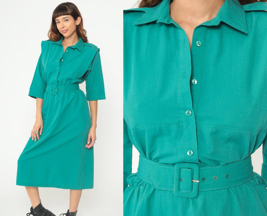 80s Teal Shirt Dress Button Front Belted Midi Structured Collar Medium