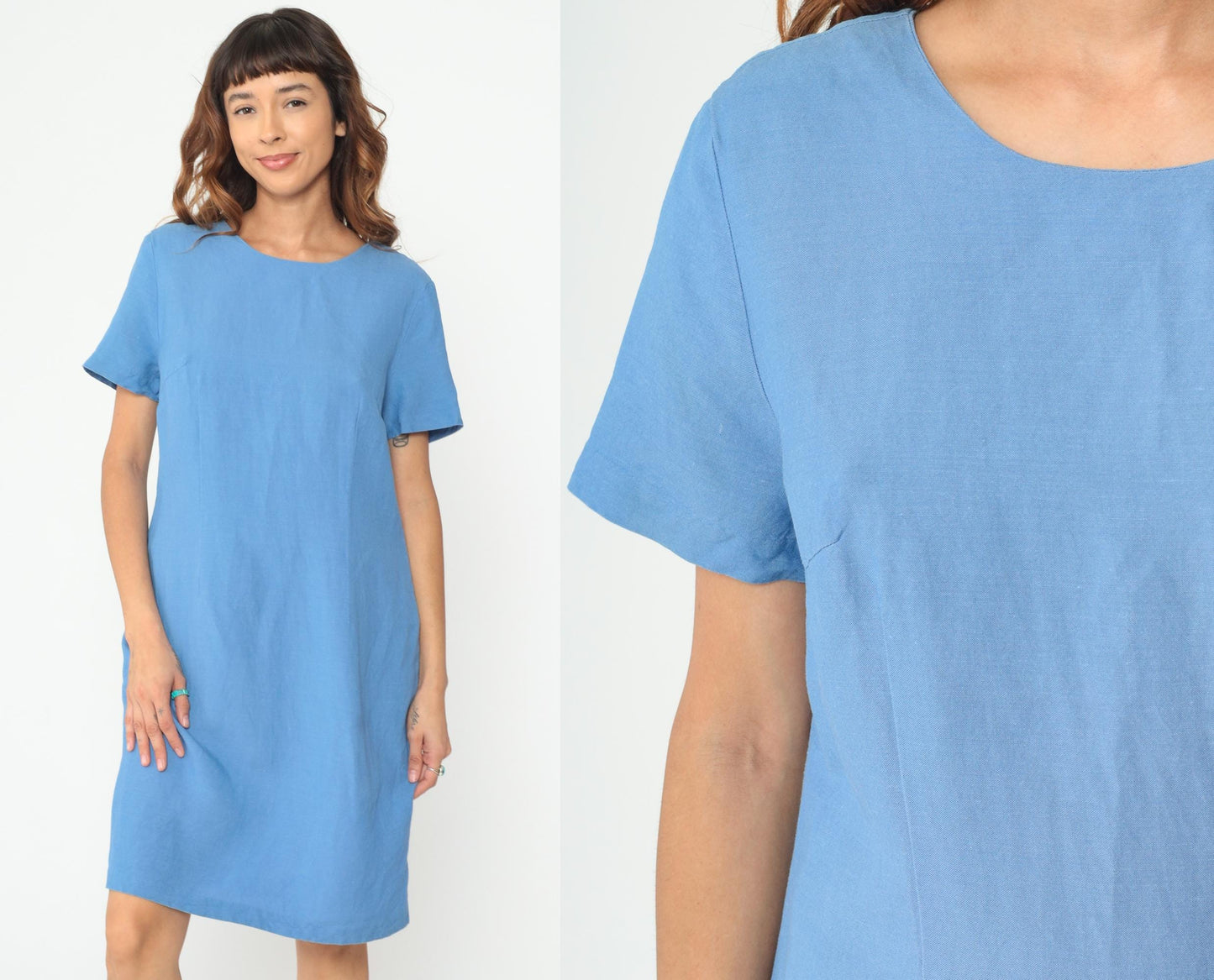 Y2K Blue Shift Dress Short Sleeve Crew Neck Midi Large L